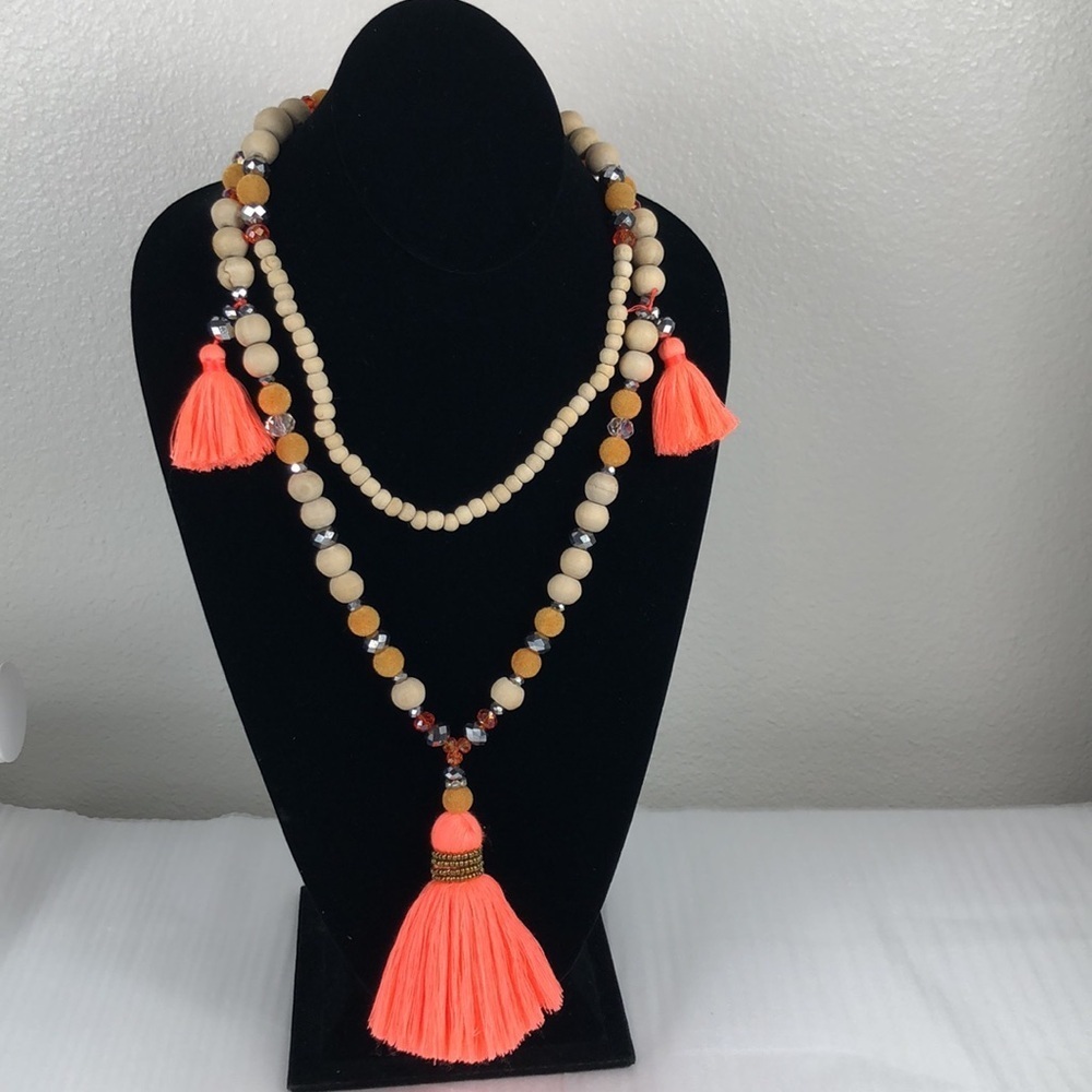 Tassel Necklace Women’s Jewelry Orange Tassels Wood Beads Orange Gray Facet Bead
